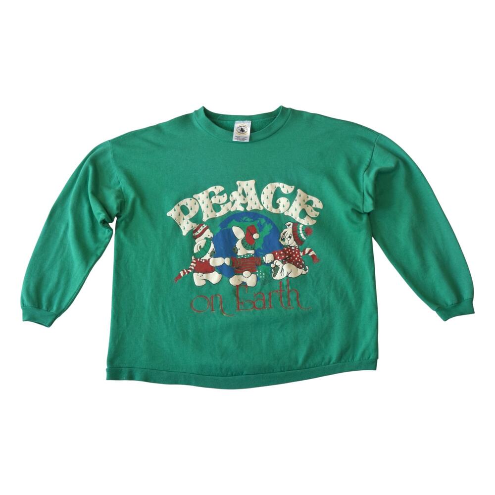 Vintage Peace on Earth Christmas Sweatshirt Green USA Made